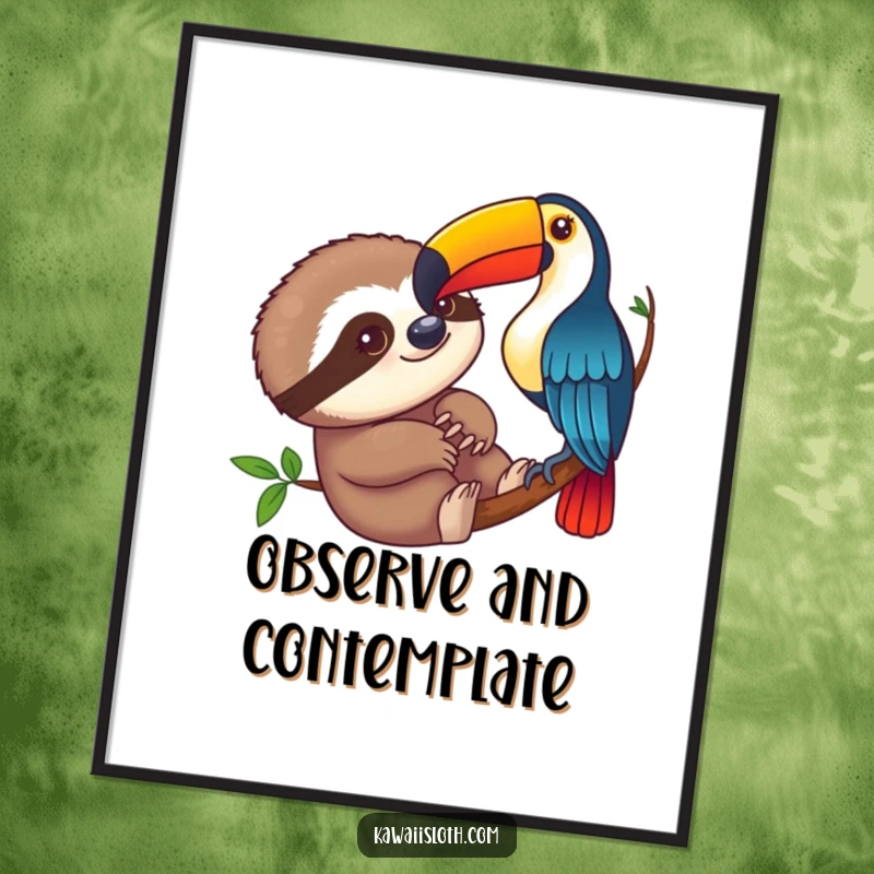 Funny sloth curiously observing a colorful toucan on a poster, a charming artwork depicting an amusing animal interaction.