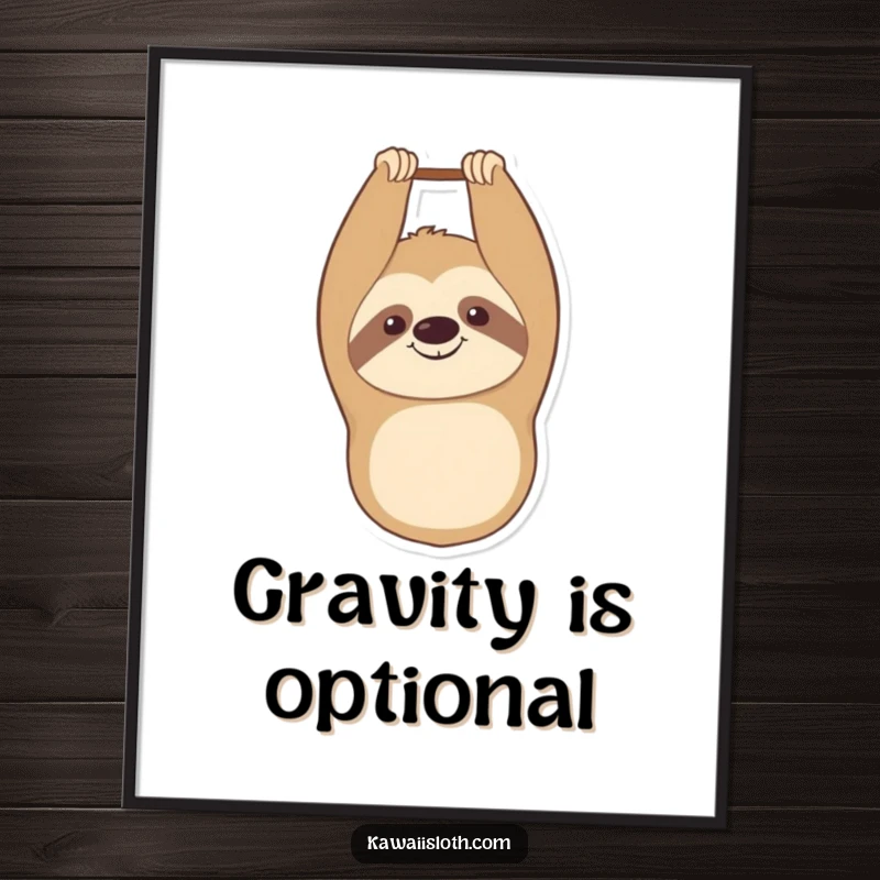 Funny poster featuring a smiling sloth hanging upside down with a contented expression, depicting joyful and humorous wall art.