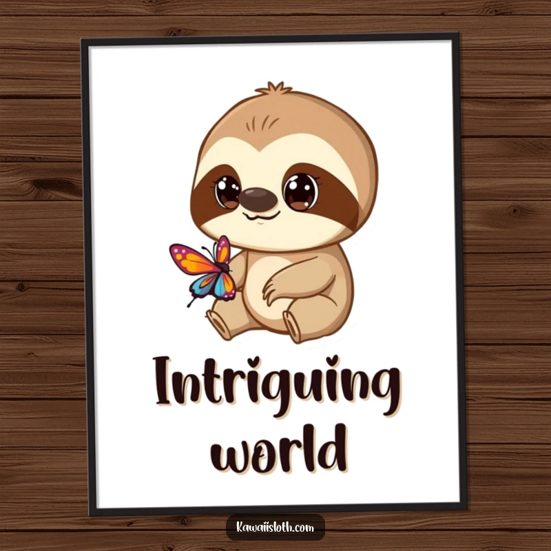 Funny poster art of a curious sloth with large eyes observing a brightly colored butterfly, creating a peaceful, wondrous scene.