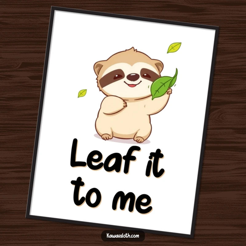 Funny sloth poster, playful sloth with a grin, hilariously reaching for a falling leaf, humorous wall art, perfect funny gift.