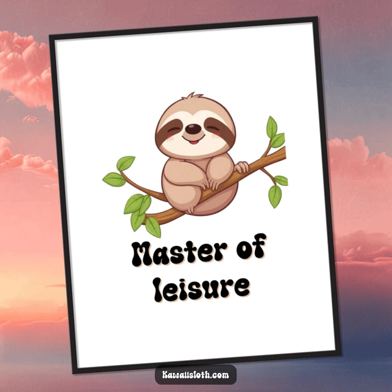 Funny poster art of a sloth with a relaxed smile, gently swaying on a tree branch, creating a tranquil and humorous atmosphere.