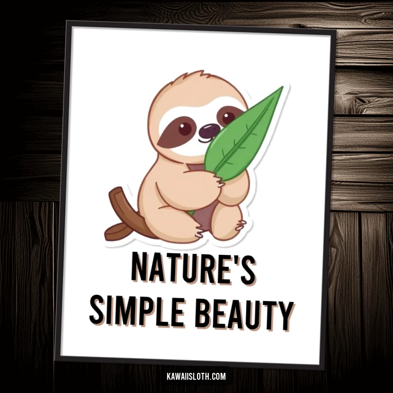 Funny Gentle Sloth Poster: a sloth gently holding a large leaf, bringing peaceful nature vibes to wall art.