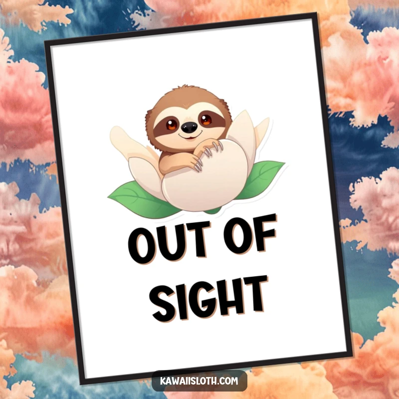 Funny poster with a sloth peeking from behind a giant flower bud. Captures playful curiosity and whimsical charm in art form.