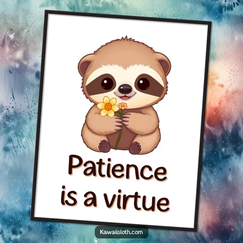 Funny poster showcasing a sloth's careful embrace of a small flower, creating a peaceful and humorous wall art piece.