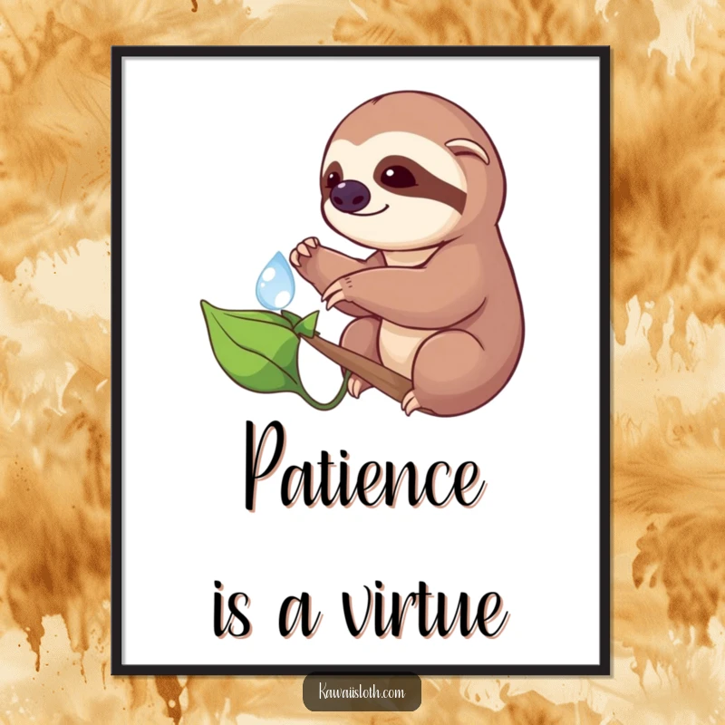 Funny art poster showing a sloth carefully reaching for a sparkling dewdrop on a leaf, creating a humorous and serene wall decor piece.