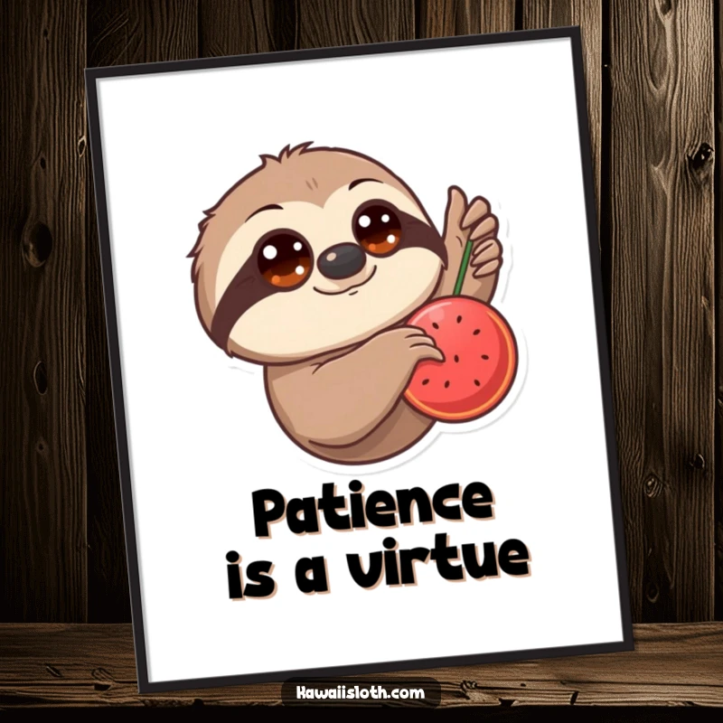 Funny Poster: A sloth with oversized eyes makes a slow, deliberate reach for a hanging, juicy fruit, embodying patient desire.