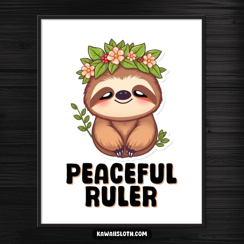Funny sloth poster art of a sloth wearing a leafy crown with a peaceful expression, embodying natural royalty and tranquility.