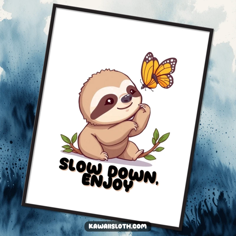 Funny Poster of a sloth slowly nodding its head, observing a butterfly's flight, creating a peaceful and humorous wall art piece.