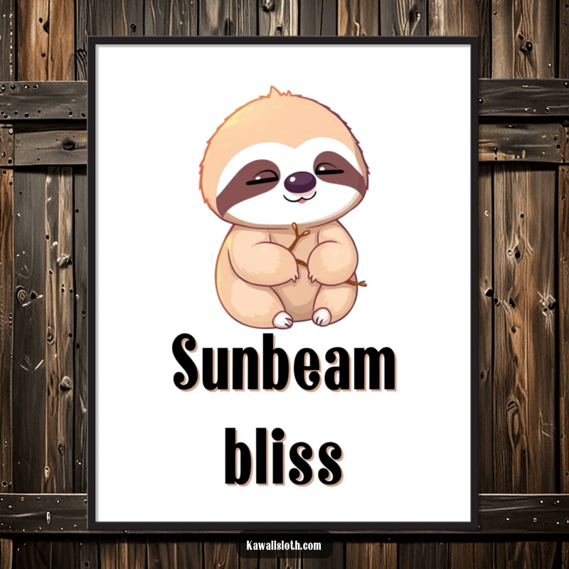 Funny sloth poster, sloth with twigs in fur, slowly blinking in sunlight, humorous nature art, perfect funny gift.