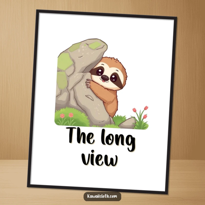 Funny curious sloth poster capturing a sloth peeking from behind a mossy rock, a piece of humorous art for contemplative spaces.