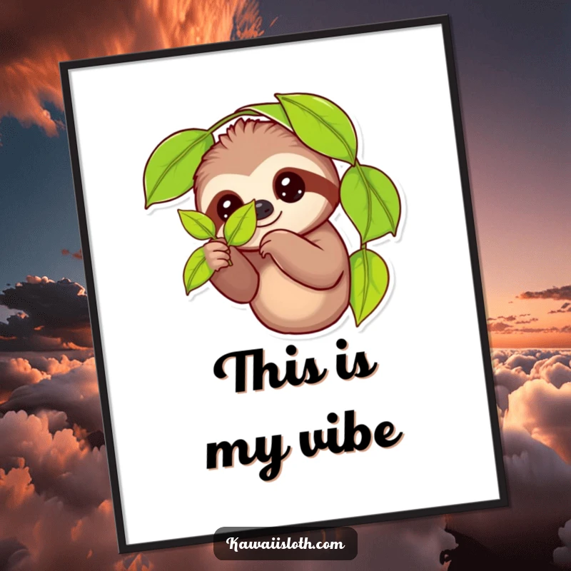 Funny sloth poster art depicting a cheerful sloth holding a single leaf with two fingers, adding a humorous and whimsical touch to wall decor.