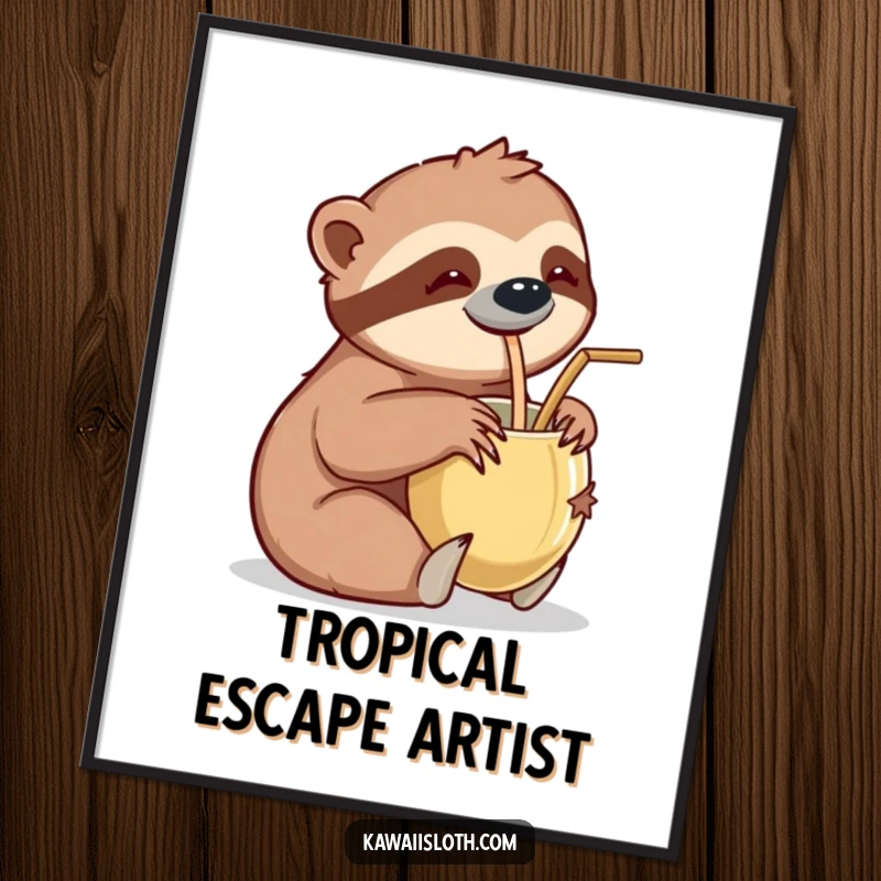 Funny poster art of a sloth leisurely sipping from a coconut cup with a straw, creating a relaxing and humorous atmosphere.