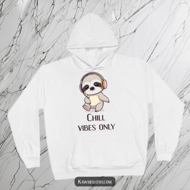 Funny sloth in headphones tapping its foot, depicted on a warm, cozy hoodie, embodying musical enjoyment.