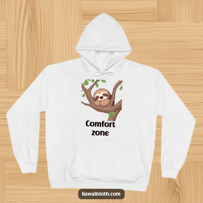 Funny hoodie depicting a contented sloth napping peacefully on a tree branch, designed for cozy relaxation.