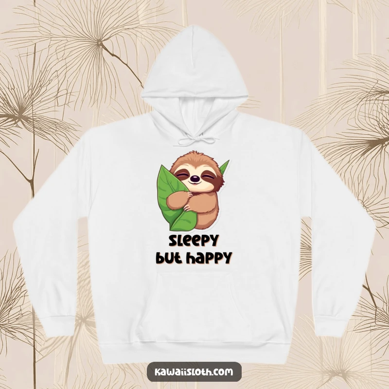 Funny hoodie of a sloth with wide, sleepy eyes, hugging a giant leaf, embodying comfort and peaceful slumber.