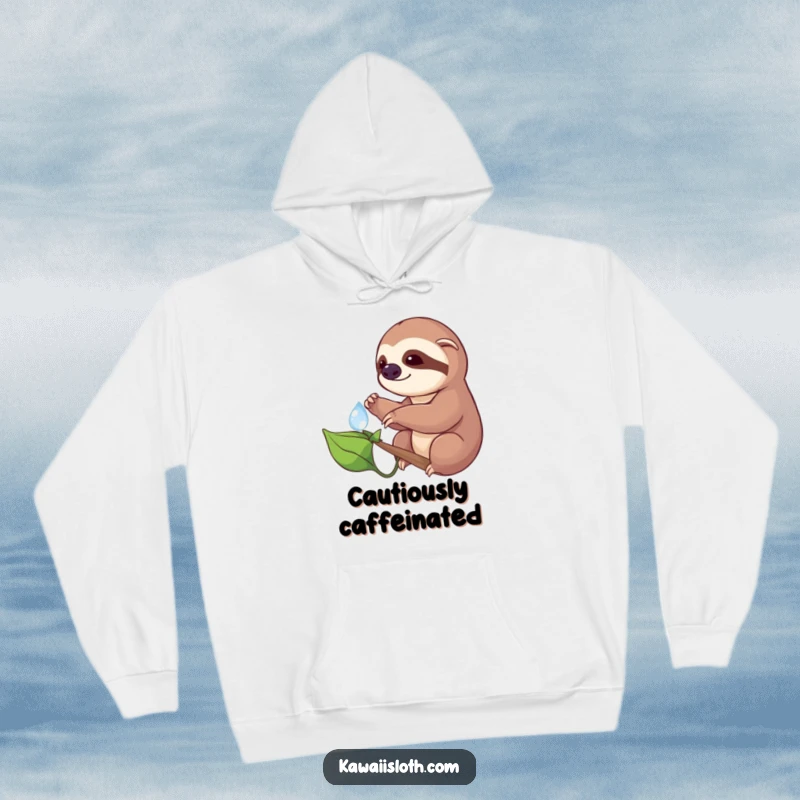 Funny hoodie design of a sloth carefully reaching for a glistening dewdrop on a leaf, offering warmth and humorous artistry.
