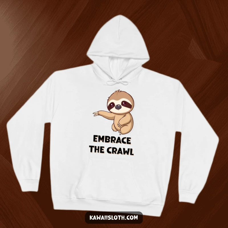 Kawaii sloth hoodie, cute animal graphic, reaching out arm, gentle hug, cozy comfort, adorable clothing, cute gift.