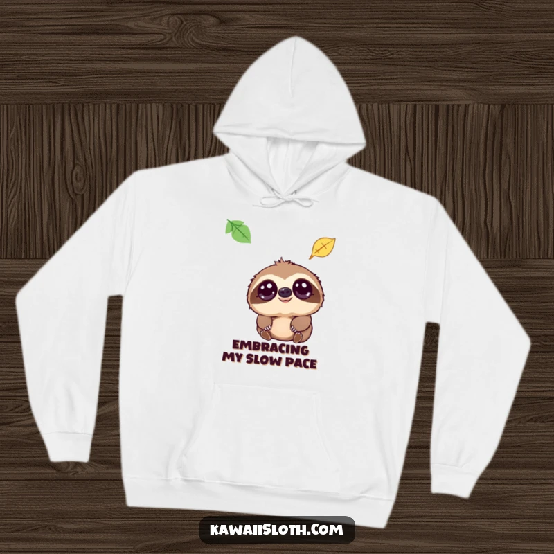 Funny hoodie depicting a sloth with big, tender eyes watching a leaf fall, ideal for a cozy, humorous look.