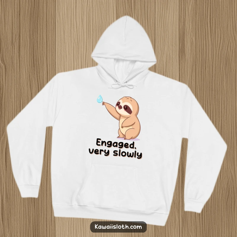 Funny kawaii sloth hoodie extending a slow arm towards a shimmering dewdrop, showcasing a cute and humorous character for cozy, inspiring wear.