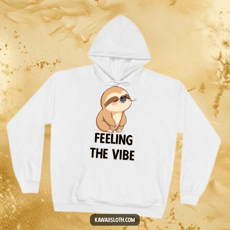 Funny hoodie showing a sloth with a peaceful face, enjoying a gentle breeze, evoking ultimate relaxation.