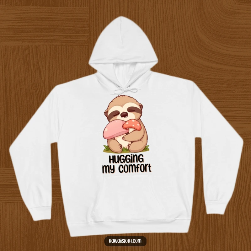 Funny content sloth hoodie showing a sloth hugging a mushroom with closed eyes, offering warmth and comical serenity.