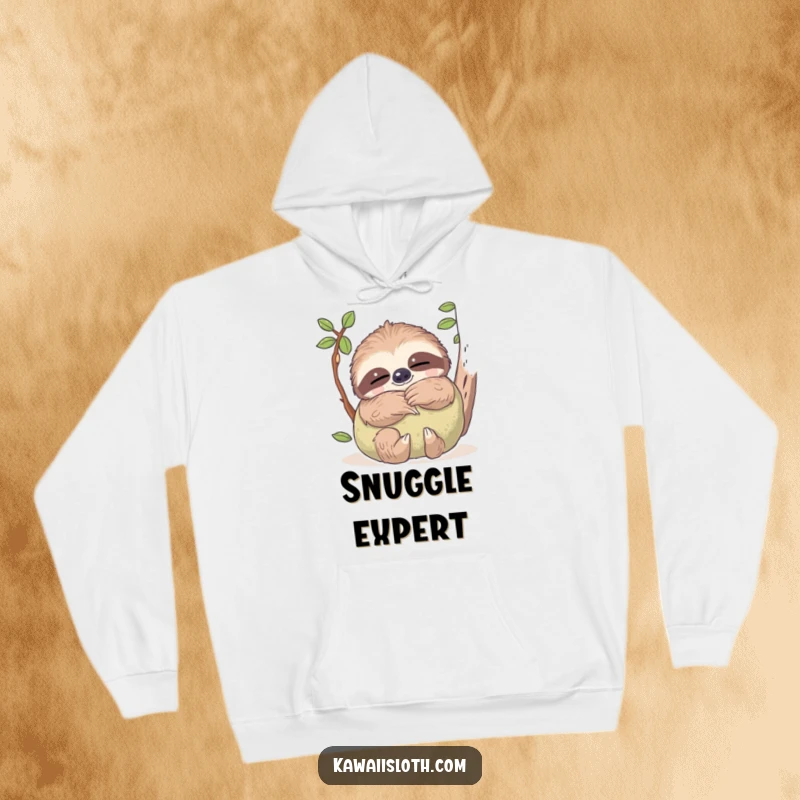 Funny hoodie graphic of a sloth with its eyes closed in a dreamy state, hugging a plush mossy pillow, symbolizing comfort.