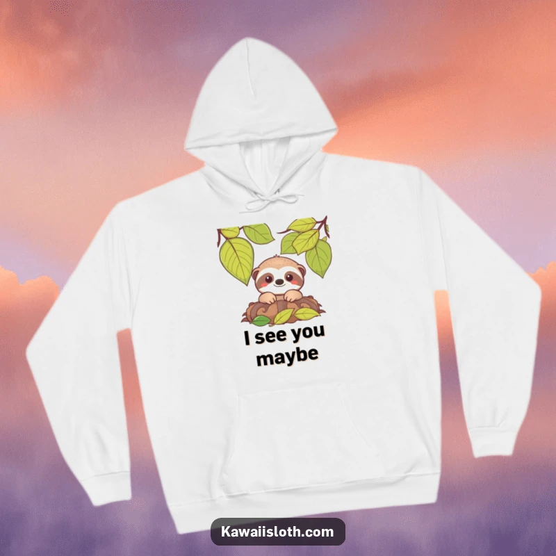 Funny hoodie with a gentle smiling sloth peeking from a mound of leaves, offering warmth and a touch of humor.