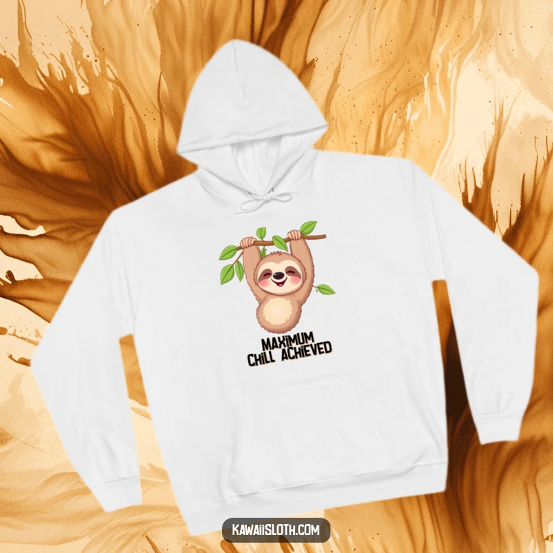 Funny happy sloth hoodie showing a smiling sloth dangling upside down from a leafy branch, offering warmth and comical cheer.
