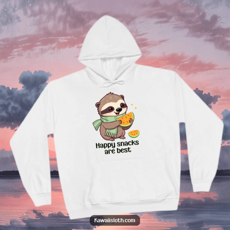 Funny hoodie depicting a happy sloth wearing a scarf, enjoying a leisurely bite of fruit with visible contentment.