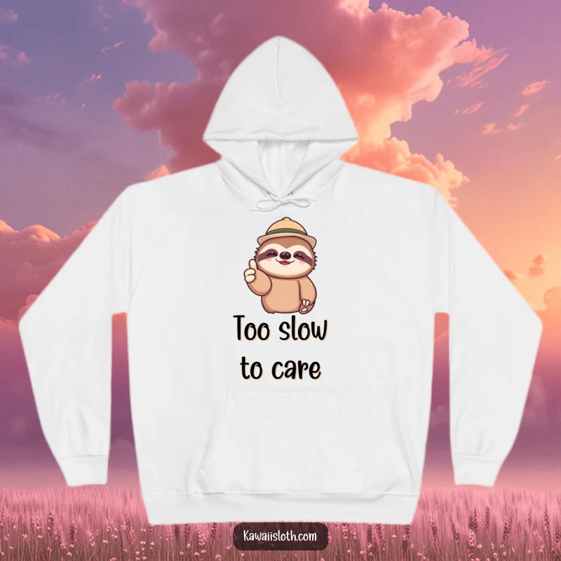 Funny hoodie showcasing a supremely lazy sloth in a miniature hat, proudly giving a relaxed thumbs up gesture.