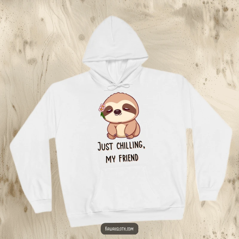 Funny Sloth Hoodie: a tranquil sloth adorned with a tiny flower, perfect for cozying up and relaxing.