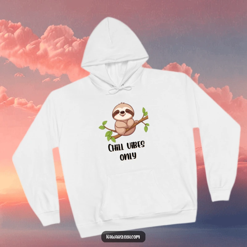 Funny hoodie showcasing a cheerful sloth with a gentle smile, peacefully swaying on a tree branch, perfect for cozy relaxation.