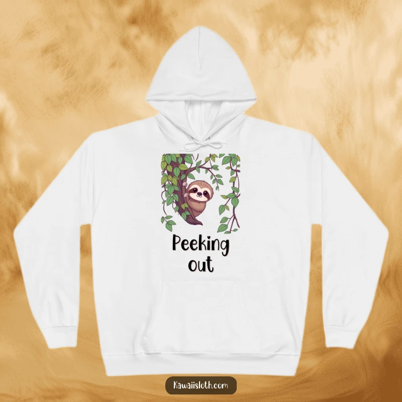 Funny shy sloth hoodie, sloth peeking from jungle vines, gentle gaze, humorous and cozy, great funny gift.