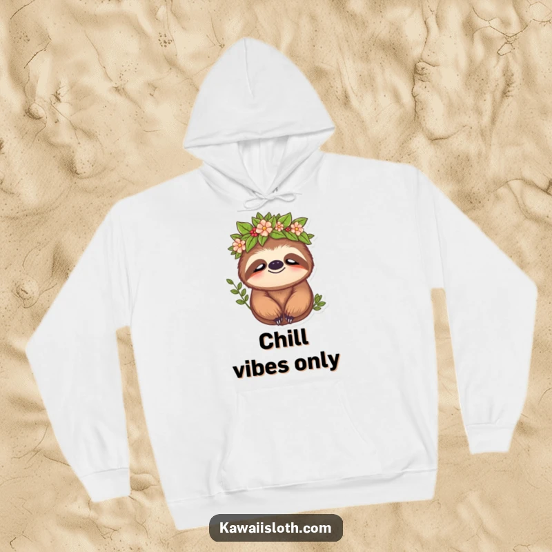 Funny sloth hoodie showing a sloth wearing a leafy crown with a peaceful expression, embodying regal relaxation and nature's embrace.