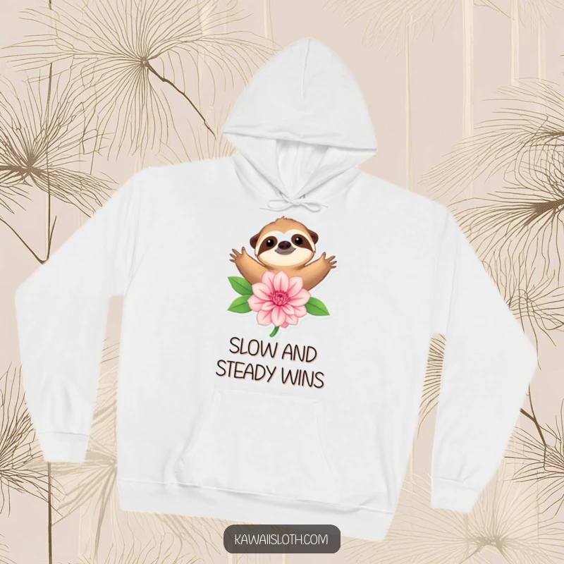 Funny hoodie featuring a relaxed sloth with open arms, lovingly embracing a large, colorful flower, embodying gentle affection.