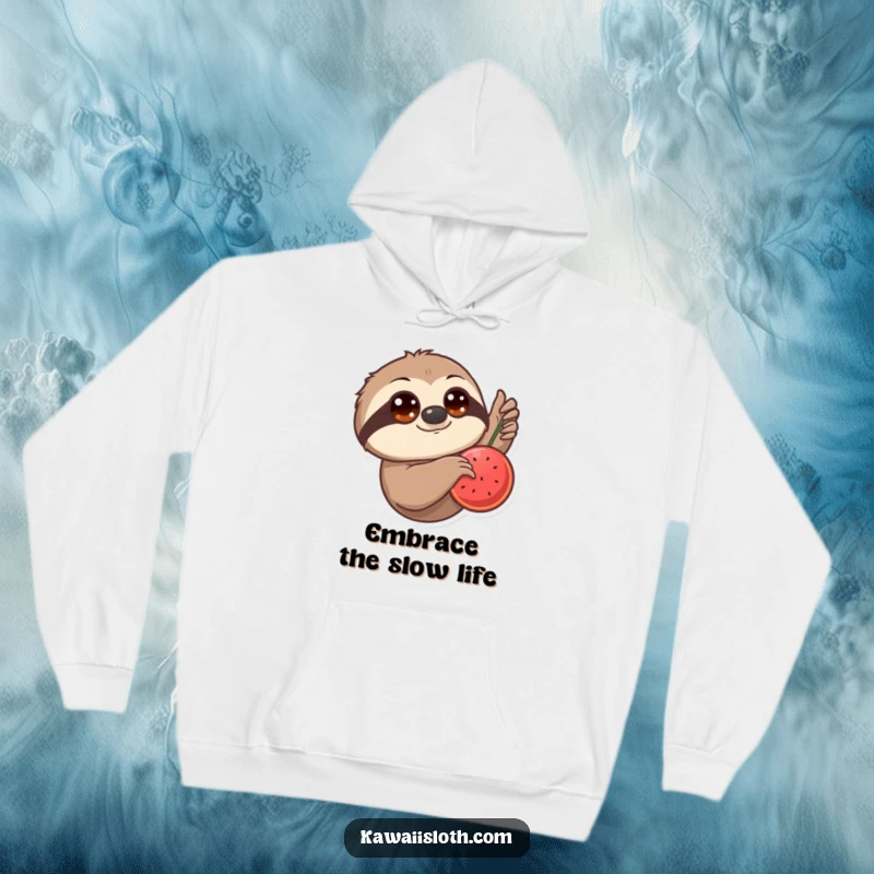 Funny Hoodie: A sloth with huge eyes slowly extends an arm towards a luscious hanging fruit, the epitome of patient desire.