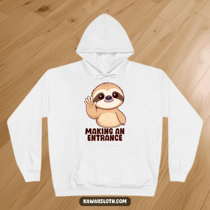 Funny hoodie showing a sloth slowly extending its arm to give a warm, gentle wave, perfect for cozying up.