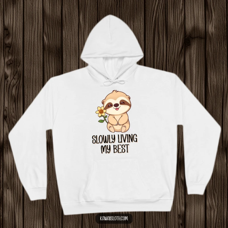 Funny happy sloth with a flower behind its ear waving slowly depicted on a soft and warm hoodie, perfect for cozy relaxation.
