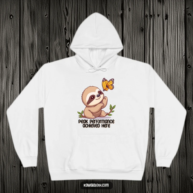 Funny Hoodie showing a sloth in slow motion nodding at a butterfly, embodying a peaceful and humorous contemplative moment.