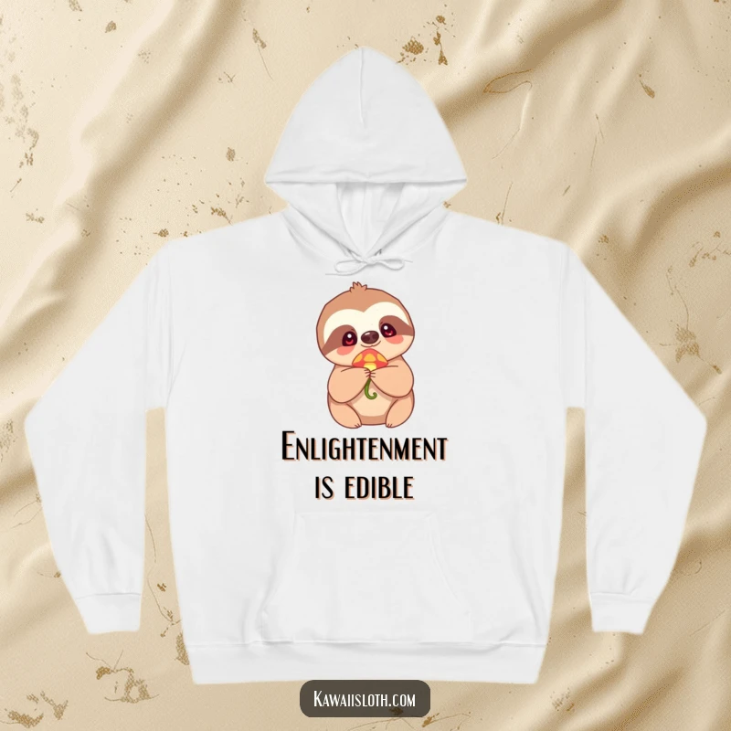 Funny Hoodie illustrating a sloth holding a small, glowing mushroom, radiating a sense of wonder and cozy, humorous enchantment.