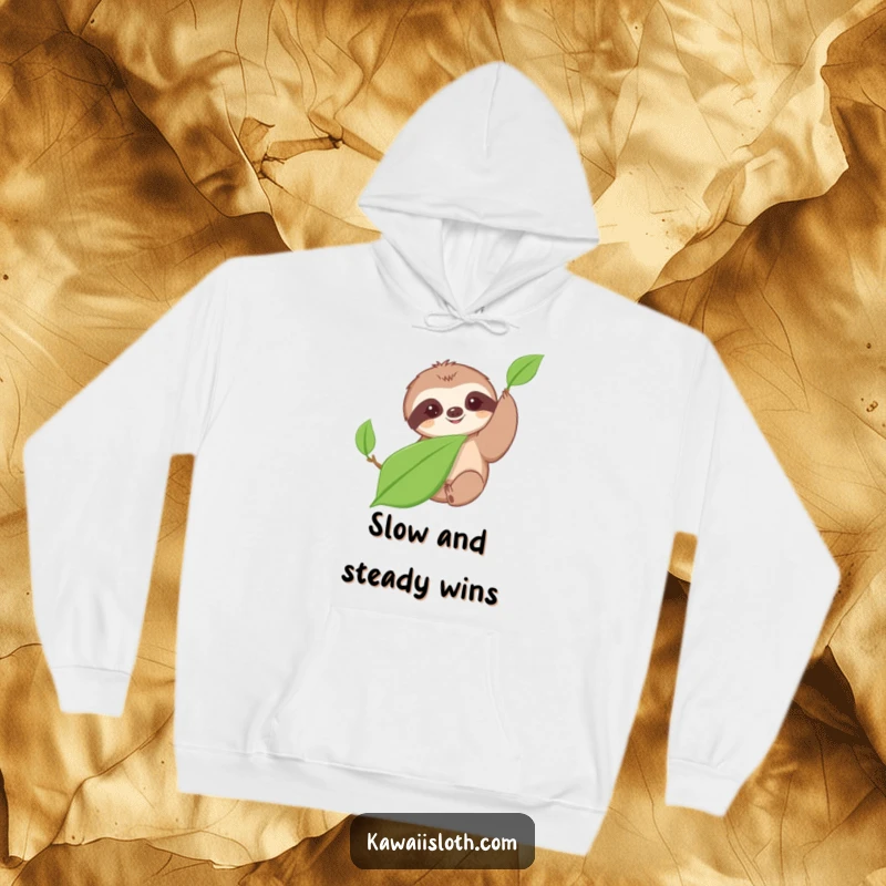 Funny hoodie featuring a cute sloth in a slow, deliberate motion reaching for a leaf, offering warmth and a humorous, relaxed feel.