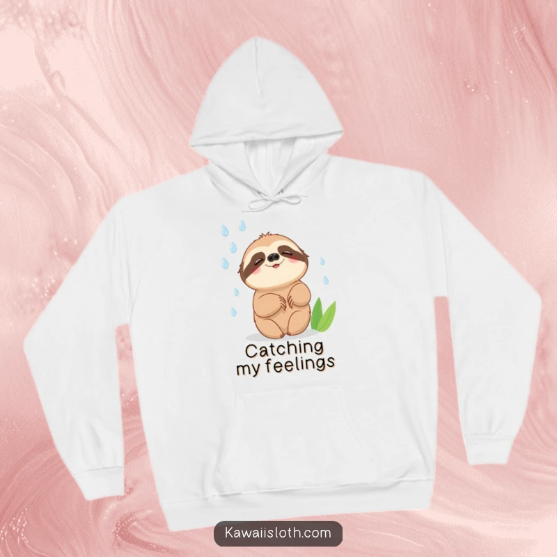 Funny hoodie designed with a sloth slowly catching falling raindrops with a contented smile, offering warmth and a humorous, joyful vibe.