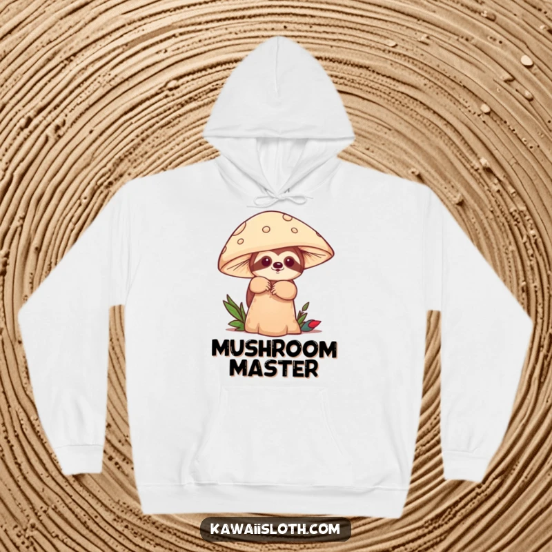 Funny hoodie with a sloth playfully peeking from behind a large mushroom, offering cozy and humorous style. A great gift.