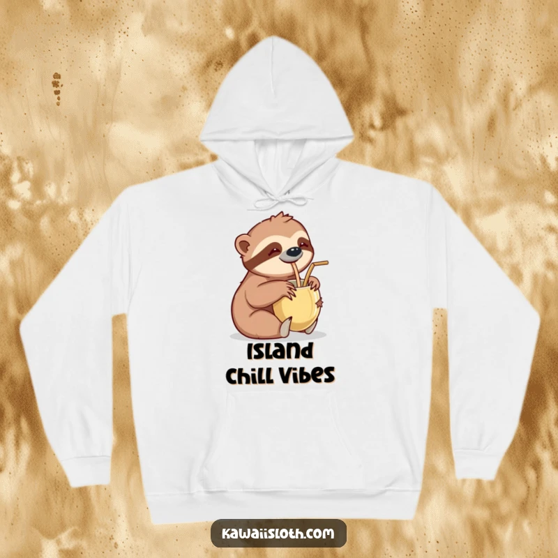 Funny hoodie graphic of a sloth leisurely sipping a drink from a coconut cup with a straw, symbolizing relaxation and tropical escape.