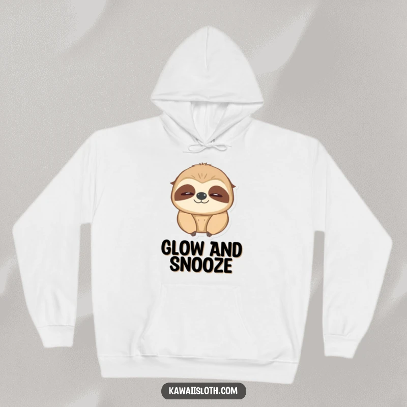 Funny blinking sloth hoodie, a comfy hoodie showcasing a sloth slowly blinking with a soft, warm, fuzzy glow.