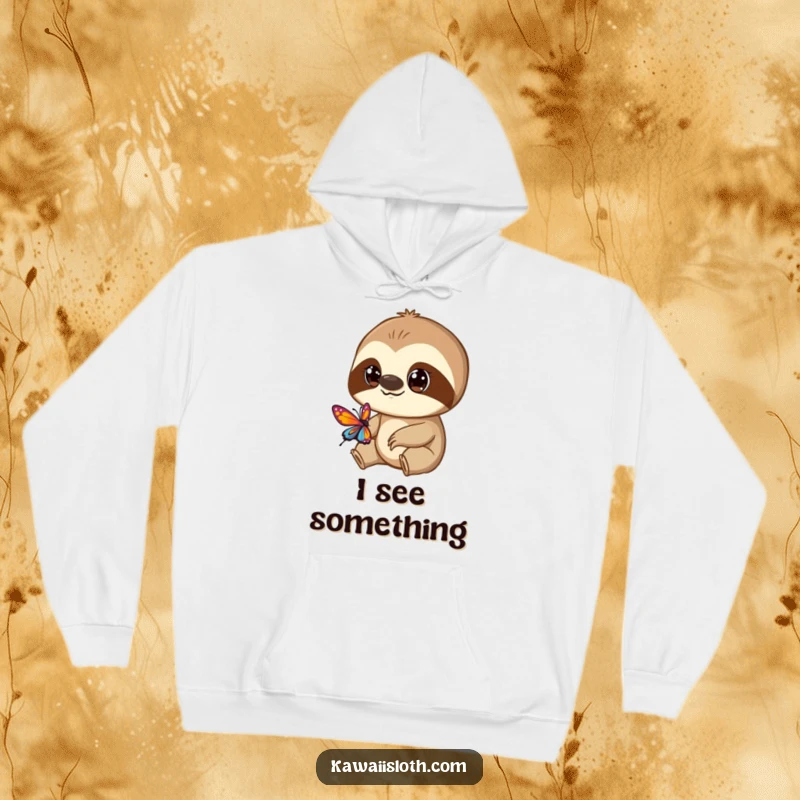 Funny hoodie showing a sloth with large, curious eyes observing a colorful butterfly, evoking a sense of gentle wonder.