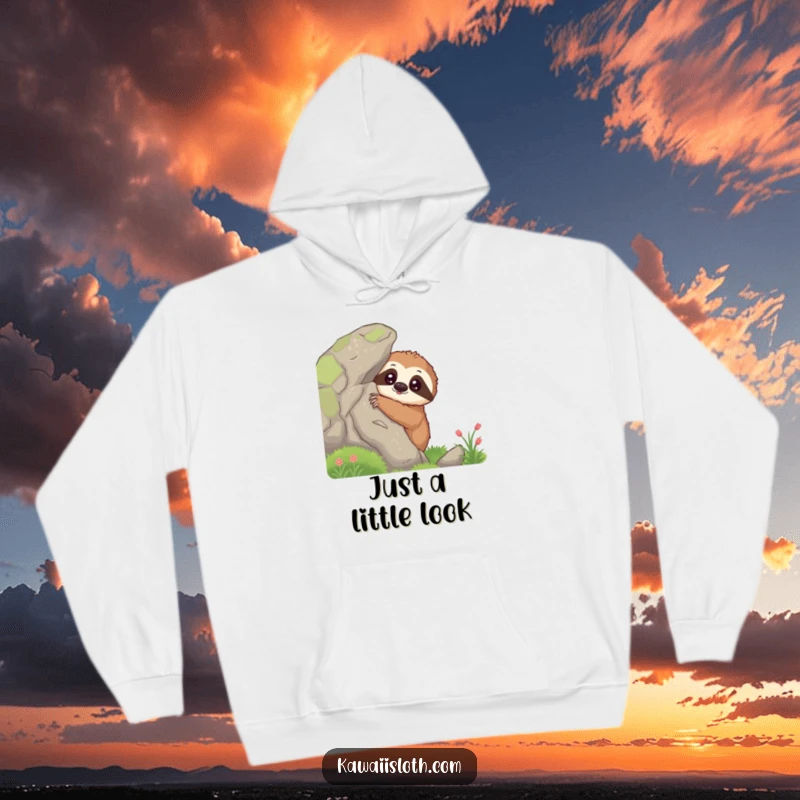 Funny curious sloth hoodie showing a sloth peeking from behind a mossy rock, offering warmth and a dash of comical mystery.