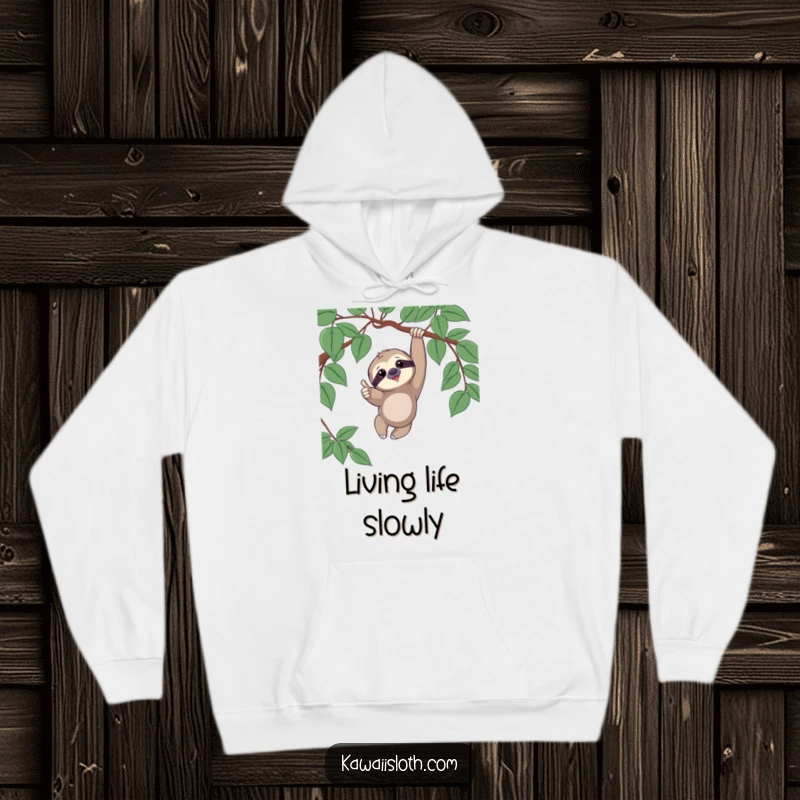 Funny hoodie of a sloth playfully dangling from a vine, giving a thumbs up with a relaxed and cheerful expression.