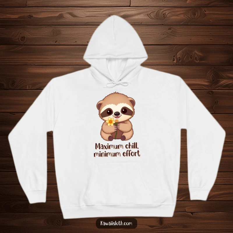 Funny hoodie depicting a sweet sloth carefully holding a tiny flower, symbolizing patience and affection, perfect for cozy days.