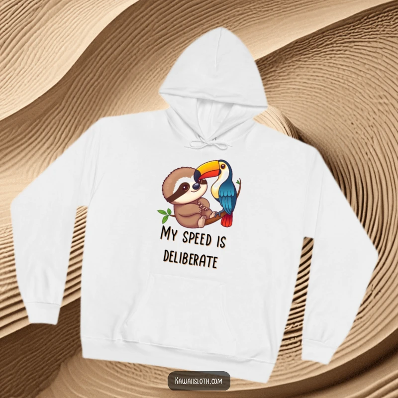 Funny sloth curiously observing a colorful toucan on a hoodie, showing a humorous animal encounter, ideal for cool weather.